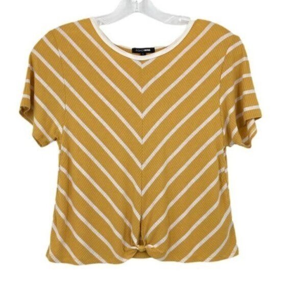 Fashion Nova Cropped Knit Top Mustard Yellow & White Stripe Knot Front Size L - Picture 1 of 15